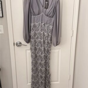 Stunning Miss Ord Sequin Gown – Bishop Sleeves, Empire Waist, Gala-Ready NWT